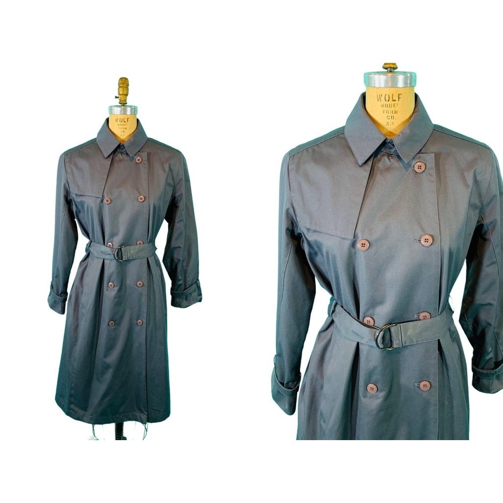 Vintage 1970s Charcoal Trench Coat Gray Button Down Women's Medium